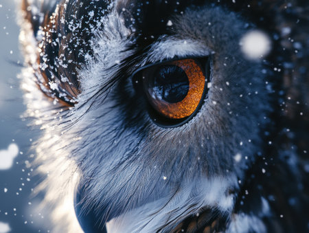 Close-up of an owl's eye, with snow falling on the feathers. Macro photography captures the intricate details in a cinematic, professional color-graded style. The image is in sharp focus and high resolution. --ar 4:3 --v 6.1 Job ID: 92d6348d-9038-4976-a9e1-d51607b425a3の素材