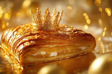 g contendre un galette des rois avec une courYSIS d'or et est sur la photo ton flash, il ySBoutancÃ© par spins-grain golden foil paper and gold crown with white paper fr-l smuggled on top of the pastry. The background is a shiny reflective surface, which adds to the overall luxury feel of the scene. This design would be perfect for conveying opulence or celebration in high-end cooking events. --ar 3:2 --v 6.1 Job ID: e3776b51-0f13-4b79-88e8-872cee3f50f9の素材