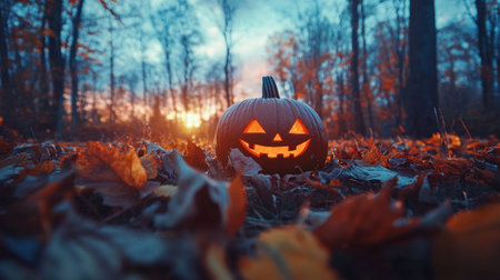Autumn background with a pumpkin on colorful autumn leaves in a forest at sunrise. Halloween and autumn concept, with copy space for a banner for a Halloween party invitation or menu design. --chaos 30 --ar 16:9 --v 6.1 Job ID: 2b3c1e0c-d2a6-4084-9dca-0f78d4189616の素材