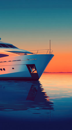 Minimalist illustration of the front end and bow, profile view of a luxury yacht at sunset. Simple shapes, digital art style, high resolution, high contrast, vibrant colors, smooth gradients, soft shadows, blue sky, clean background, cinematic lighting, minimalist composition, sharp focus, depth of field. --ar 71:128 --v 6.1 Job ID: d862c740-df42-4ecf-870d-cb9c8b716c69の素材