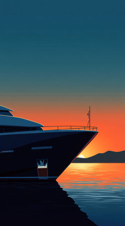 Minimalist illustration of the front end and bow, profile view of a luxury yacht at sunset. Simple shapes, digital art style, high resolution, high contrast, vibrant colors, smooth gradients, soft shadows, blue sky, clean background, cinematic lighting, minimalist composition, sharp focus, depth of field. --ar 71:128 --v 6.1 Job ID: d862c740-df42-4ecf-870d-cb9c8b716c69の素材