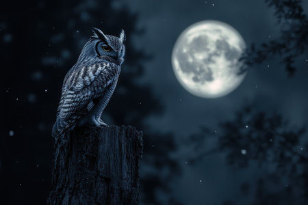 Owl perched on a tree trunk with the moon in the background, night sky, full-body shot, in the style of National Geographic photography. --ar 3:2 --v 6.1 Job ID: d1ccf54e-ad94-4f6a-8aaf-963cb4516a19の素材