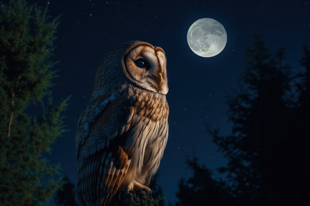 Owl in the moonlight, photorealistic landscapes, realistic detail, National Geographic-style photography, full-body portrait, night scene, moonlit sky, moon above the owl's head. --ar 3:2 --v 6.1 Job ID: 2c17d0b7-8f1f-406e-8f10-86a10eb70678の素材