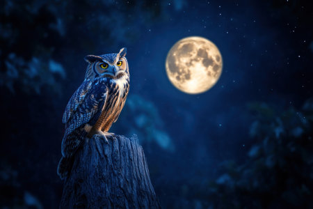 Owl perched on a tree trunk with the moon in the background, night sky, full-body shot, in the style of National Geographic photography. --ar 3:2 --v 6.1 Job ID: c7cec72d-c6af-4683-a491-61a081ee92d9の素材