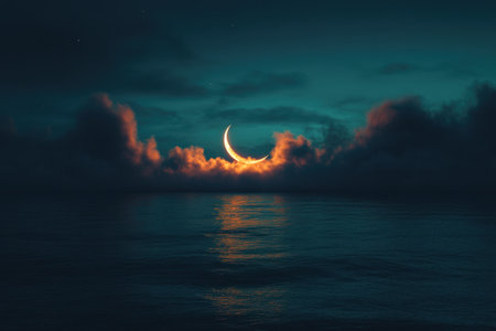 Night, crescent moon over the sea, glowing clouds, fantasy, night sky, fantasy, high resolution, professional photograph, Super-Resolution, Megapixel, very detailed, bright colors, blue color background. --ar 3:2 --v 6.1 Job ID: 0ef11152-e4e1-42bc-a29b-142db2d51ce4の素材