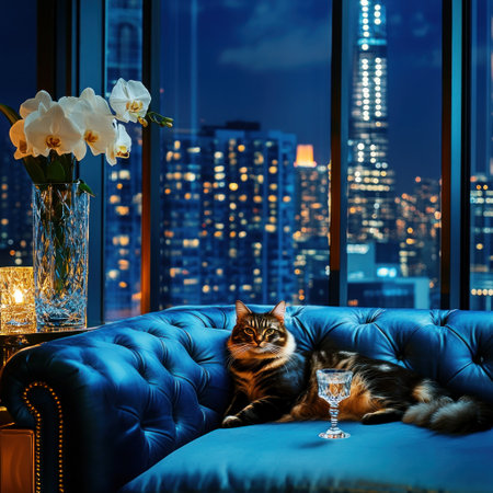 Photograph of an elegant cat lounging on the armrests in front of a blue leather sofa, with a tall vase holding a white orchid beside it and a crystal glass for a cocktail drink, a large window behind showing a cityscape at night with skyscrapers and lights, a high-end hotel lounge vibe, and a luxurious interior design. --v 6.1 Job ID: 1742a5c0-41b1-40f5-b0e2-b81696b34bb7の素材