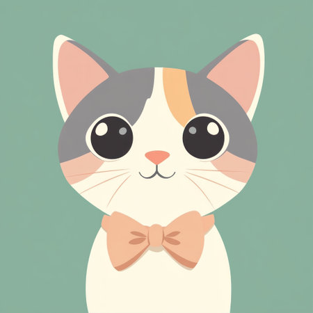 Cute cat with a bow tie, a simple flat vector illustration, in pastel colors, on a pastel background, a cute character design, in a cute graphic style, pasted on a solid color background, high resolution, high quality, high detail, professional photography, professional lighting, soft shadows, low contrast, sharp focus, hyper-realistic. --v 6.1 Job ID: c87d5ace-7a0c-4a46-859d-3ee61a9d0e87の素材