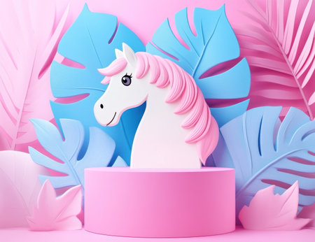 Pink podium background with pink and blue tropical leaves, a cute baby horse head cutout on the top of the podium, simple design, cute, in the style of 3D illustration. --ar 13:10 --v 6.1 Job ID: 9fecff16-333b-427c-b981-2fd33216b37bの素材