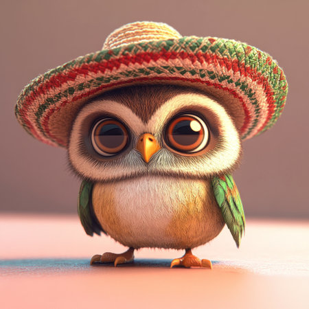 Cute owl character wearing a sombrero, in the style of Pixar, 3D render, game art asset. --v 6.1 Job ID: 9268b489-f203-4c86-9770-0b1847a01df6の素材
