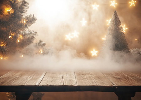 Christmas background with a wooden table and misty lights, snowflakes, stars, and decorations on a photo backdrop for product display. --ar 7:5 --v 6.1 Job ID: 759fca2a-35bc-4433-a4ca-39f47ca72640の素材