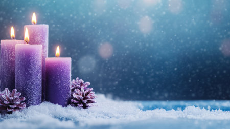 Adorned purple Christmas candles on snow with a blue background banner. --chaos 30 --ar 16:9 --v 6.1 Job ID: 0c4a591c-0014-4ce9-a362-9585c507782cの素材