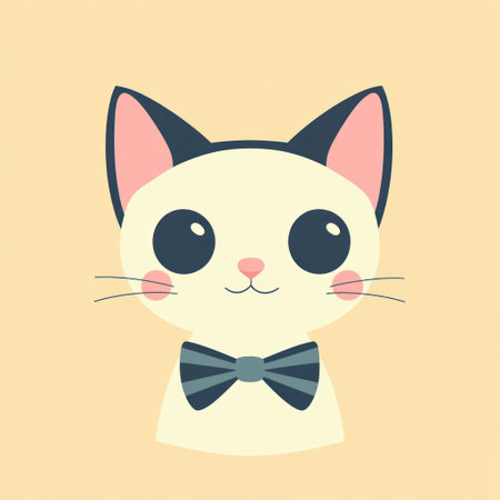 Cute cat with a bow tie, a simple flat vector illustration, in pastel colors, on a pastel background, a cute character design, in a cute graphic style, pasted on a solid color background, high resolution, high quality, high detail, professional photography, professional lighting, soft shadows, low contrast, sharp focus, hyper-realistic. --v 6.1 Job ID: c87d5ace-7a0c-4a46-859d-3ee61a9d0e87の素材