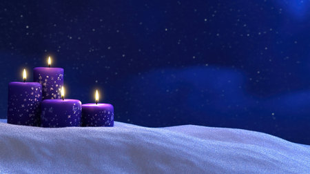 Christmas background with purple candles and snow, a blue night sky, and space for text. --chaos 30 --ar 16:9 --v 6.1 Job ID: e9f1b91f-c3ec-4ff9-9115-4961747dff29の素材
