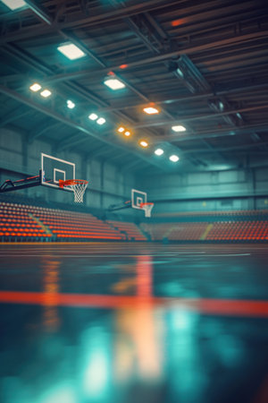 Photorealistic photograph of an indoor basketball court with bright lights shining down, blurred-out background showing the bleachers and stands in focus, and the foreground focused on a close-up shot of one side basket with no ball or player present, creating a clean and minimal aesthetic. The scene is captured from behind under soft lighting, highlighting details like textured floor patterns and metal structures, with subtle reflections adding depth to the composition. --ar 85:128 --v 6.1 Job ID: cd0a437f-1e92-4fc5-b519-a4337cb7d963の素材