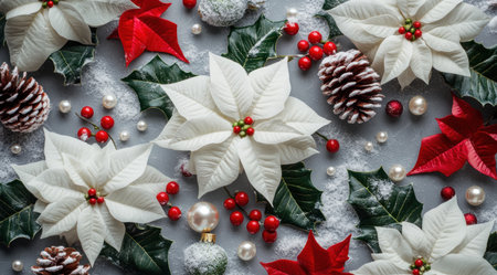 Festive white poinsettia flowers, red holly berries, and green leaves with snow-covered pine cones and pearls on a grey background. Christmas floral decoration. Closeup view. High-resolution photography, taken from above using a Fujifilm X-T4 camera with a film grain effect for detailed sharpness and texture. --ar 128:71 --v 6.1 Job ID: 03ab98fb-5362-4c9b-95b2-c2d4b325b261の素材