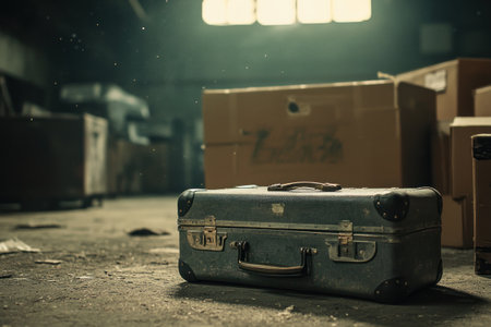 Old suitcases lie on the floor of an old warehouse. In front, there is one small suitcase, and next to it lies another large, gray and black travel case. Dust particles and light from above illuminate the scene, with boxes and cardboard in the background, creating a vintage style. The background is blurred, and the focus is sharp, resulting in a high-resolution, high-quality professional photograph. --ar 3:2 --v 6.1 Job ID: bb360136-d813-4435-9708-7c681ffb2806の素材