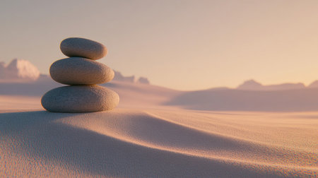 A tranquil Zen garden with balanced stones and raked sand, representing harmony in nature for a relaxation wallpaper banner design. The background is a soft beige color to create an atmosphere of calmness and balance. A stack or pile of three gray rocks stands on the left side of the composition, symbolizing focus and concentration during meditation. There is ample space at the top for text. --chaos 30 --ar 16:9 --v 6.1 Job ID: 51207f54-4085-438c-abd4-fe26514e96e1の素材