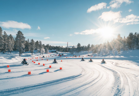 A wide shot of snowmobiles on the snowy landscape in Sweden. There is a group of people riding them across the ground, with trees and a blue sky in the background. The area has many tracks from other vehicles, some of which have fluorescent red colors. The sun shines brightly over everything. The photo was taken with a Canon EOS R5 camera. --ar 22:15 --v 6.1 Job ID: cba56d2b-18db-42aa-a818-0c27e75a9dbdの素材