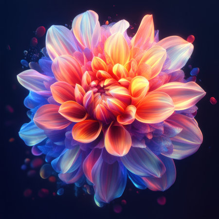 A beautiful, colorful dahlia flower with detailed and vibrant colors on a dark background. This digital art piece is in the style of Loish and Ross Tran, featuring hyper-realistic, cinematic lighting, intricate details, and created using Octane Render and Unreal Engine, resulting in a hyper-detailed and hyper-colorful image. --v 6.1 Job ID: 1c931724-5bff-4ba9-917d-6c4ed61037cdの素材
