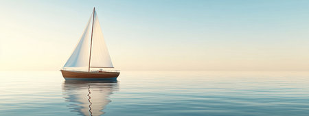 A small wooden sailboat with white sails floating on calm water, a panoramic view, and a clear sky. 3D rendering, high resolution. --ar 8:3 --v 6.1 Job ID: 0d6cf456-23b8-468a-b52e-cff3b1d14993の素材