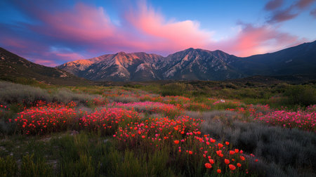 A vibrant sunrise over a poppy field, with the sun casting warm hues across the red and orange petals, creating an enchanting atmosphere of hope and beauty. The scene is set against a backdrop of a blue sky dotted with fluffy clouds, adding depth to the composition. This photo captures the essence of spring's embrace in full color, showcasing nature at its most vibrant during the golden hour. --chaos 30 --ar 16:9 --v 6.1 Job ID: f979c246-1131-454a-a05b-2d75f54bc4bcの素材