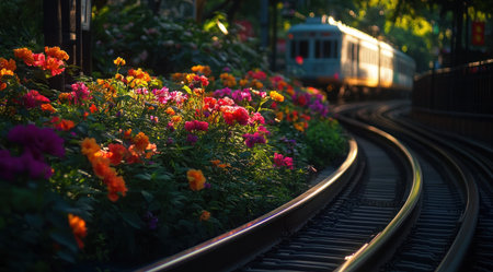 A train is moving along the tracks, surrounded by colorful flowers and lush greenery. The sun sets in the background casting long shadows on the ground, creating an atmosphere of tranquility and beauty. In front of it lies the track with its metal lines leading into darkness. This scene evokes feelings of calmness and harmony., photography shot , high resolution photo quality, no text or letters in picture --ar 128:71 --v 6.1 Job ID: 29a44d6c-817f-469e-97c8-4ffbcb9b2bc2の素材