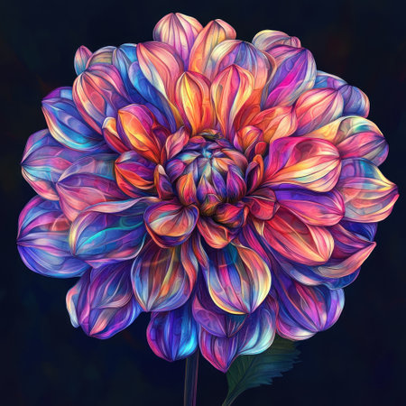 A vibrant and detailed illustration of an exotic flower, with petals that mix shades of purple, blue, pink, orange, red, and yellow, creating intricate patterns reminiscent of digital art. The background is dark to highlight the colorful hues of the dahlia. This image should evoke a sense of beauty and mystery in its color palette. --v 6.1 Job ID: 3d1622ac-82cf-4672-886f-aba5b27545baの素材