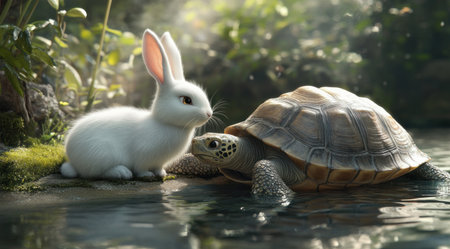 A white rabbit sitting next to an ancient turtle near the water, in a cute style, as if from an animated film scene, in high resolution, with a hyper-realistic appearance. --ar 128:71 --v 6.1 Job ID: 3e2a63a5-ffea-4a3c-b95d-4490f91ba7fbの素材