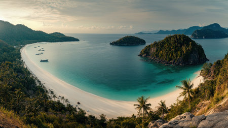 Beautiful tropical beach with palm trees and white sand, blue water, and an island in the background. Panoramic banner. --chaos 30 --ar 16:9 --v 6.1 Job ID: ec6649b9-fd60-422b-b8a2-4da39a667bbfの素材