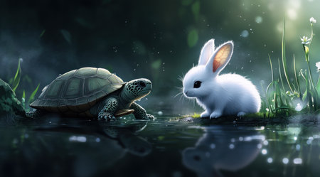 A white rabbit next to a turtle near the water, cute and adorable in a cartoon style, with a hyper-realistic, cinematic, dark color grading, and the appearance of a pencil drawing. --ar 128:71 --v 6.1 Job ID: a4d39350-5e80-4245-b534-b99e47e288b1の素材