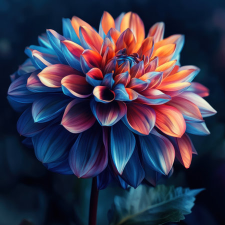 A beautiful, colorful dahlia flower with very long petals that almost touch the bottom of the frame, close-up, dark background, digital art in the style of Alena Aenami and Artgerm, volumetric lighting, vibrant colors, intricate details, hyper-realistic, Octane rendering, photorealism, high resolution. --v 6.1 Job ID: 5d21a832-80ef-4028-b80d-986d40210fd7の素材
