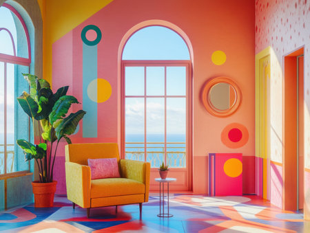 A vibrant and colorful room with large windows, featuring an armchair in the center of it, adorned with wall decor, an arched door leading to another space, and a side table placed in one corner. The walls feature geometric shapes like circles and squares, adding visual interest. A potted plant sits beside the window, adding greenery and enhancing the overall aesthetic. This scene captures the essence of modern interior design with bright colors and contemporary furniture elements. --ar 4:3 --v 6.1 Job ID: 7da97199-b733-492b-89d0-ba2c8956655fの素材