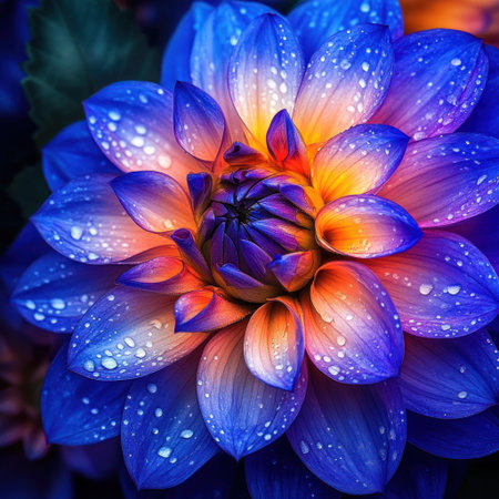 A vibrant dahlia flower with petals in deep blue, purple, and orange colors, dew drops on the petal edges, intricate detail of each leaf edge, in the style of macro photography, macro lens for detailed focus, high resolution for digital artwork. Beautiful, detailed, colorful, bright, vivid color, hyper-realistic, cinematic lighting, HDR, colorful background, watercolor, smooth. --v 6.1 Job ID: 2f7c20a0-4c24-496d-9171-ebf36656556bの素材