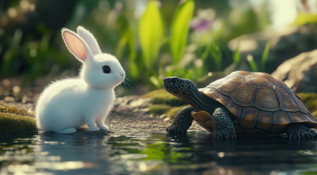 A white rabbit sitting next to an ancient turtle near the water, in a cute style, as if from an animated film scene, in high resolution, with a hyper-realistic appearance. --ar 128:71 --v 6.1 Job ID: 3e2a63a5-ffea-4a3c-b95d-4490f91ba7fbの素材