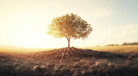 A tree with deep roots in the soil, symbolizing a strong foundation and growth. The background is a clear sky or field of grass to emphasize nature's beauty. Sunlight is shining on it. The concept conveys strength through solid family ties and an overall positive atmosphere. --ar 128:71 --v 6.1 Job ID: 095d101d-b5e8-4e86-86db-8a681f8874bfの素材