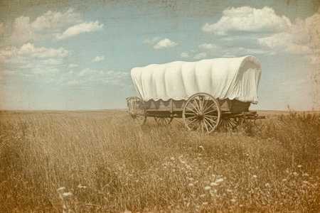 A vintage photograph of an old covered wagon, with its white linen covering and wooden wheels, parked in the middle of a vast American prairie. The photo has an aged texture, with faded colors and subtle grainy details typical of photography from that era. It captures the essence of early Western exploration and adventure. --ar 3:2 --v 6.1 Job ID: 4e36d4be-a9dd-4498-898c-0f54c1864300の素材