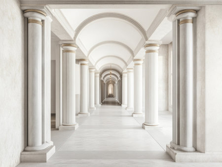 A white and gray hallway with columns, futuristic and minimalistic in design, set against a white background. The hallway is symmetrical and seamless in its appearance, creating a sleek and modern aesthetic. --ar 4:3 --v 6.1 Job ID: 2cbea5f1-e781-4418-843f-108fce3c8d14の素材