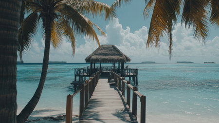 A wooden pier leading to an overwater bungalow in the Maldives, with clear blue waters and palm trees. The sky is bright and sunny, creating a dreamy tropical scene. A small thatched roof sits at one end of the bridge for seating or restful relaxation. In the background, distant islands can be seen on the horizon. --chaos 30 --ar 16:9 --v 6.1 Job ID: 013638ba-d1d3-4a42-96e2-9b6c17d492b3の素材