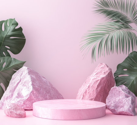 Product podium background with pastel pink rocks and palm leaves, minimal concept, studio lighting, high-resolution photography, insanely detailed, fine details, isolated plain, stock photo, professional color grading, white solid background. --ar 11:10 --v 6.1 Job ID: c85baffb-1861-43bd-bb54-9155830fd7cdの素材