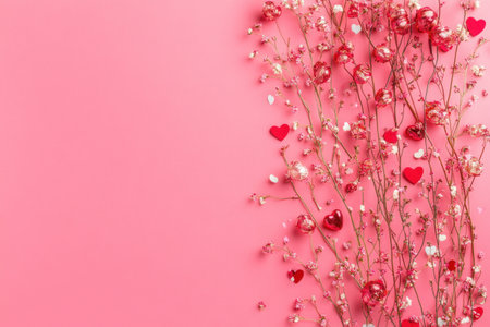 Pink background with hearts and flowers on the right side, flat lay composition. Valentine's Day concept, top view. Flat lay composition. Valentine's Day concept, copy space. Pastel color backgrounds, happy Valentine's atmosphere, high-resolution photography. --ar 3:2 --v 6.1 Job ID: 8fe1b999-27a4-43bd-8985-a8ccae710b44の素材