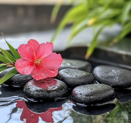 Photo of black stones on water with a pink flower and green bamboo leaf, in the style of a zen-inspired, peaceful scene. --ar 16:15 --v 6.1 Job ID: 30c619a0-deec-4d66-9a1e-06444a902da1の素材