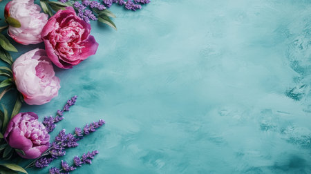 Pink and purple peonies, lavender flowers on a light blue background. Floral arrangement for a greeting card or banner design. Flat lay, top view. High-resolution photography. Stock photo in the style of Rococo pastel. --chaos 30 --ar 16:9 --v 6.1 Job ID: d5b0bd9d-0704-475d-a810-8550073b5c35の素材