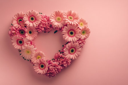 Pink heart-shaped frame with flowers on a pink background, a flat lay top view with copy space. An award-winning, detailed shot captured on the Sony Alpha A7S III. --ar 3:2 --v 6.1 Job ID: f0d99456-ec33-4ccf-ad9b-fd21f84b43dcの素材