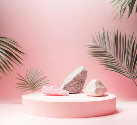 Product podium background with pastel pink rocks and palm leaves, minimal concept, studio lighting, high-resolution photography, insanely detailed, fine details, isolated plain, stock photo, professional color grading, white solid background. --ar 11:10 --v 6.1 Job ID: c85baffb-1861-43bd-bb54-9155830fd7cdの素材