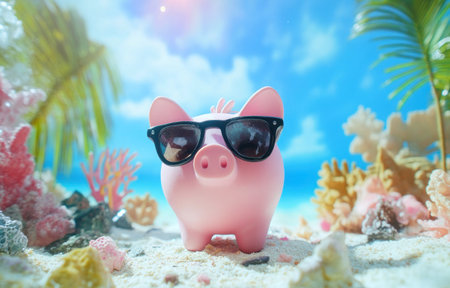Pink piggy bank wearing sunglasses on the beach with palm trees and a coral reef in the background, a summer vacation concept. --ar 47:30 --v 6.1 Job ID: 8d7df938-1b5a-4ece-8c6a-d6ab9db8a81bの素材