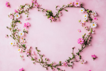 Pink heart-shaped frame with flowers on a pink background, a flat lay top view with copy space. This award-winning, detailed shot was taken on a Sony Alpha A7R III camera with an aperture of f/8 and an ISO range to be used as a website banner for a Valentine's Day card. There are no text or other elements in the center of the composition. --ar 3:2 --v 6.1 Job ID: e44af1a9-0fd8-41f5-8ee9-2d77288f2776の素材