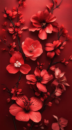 Red flowers, symmetrical composition, ultra-high definition wallpaper, high resolution, ultra-realistic photography style, red background, peach blossoms, floral decoration, delicate details, soft lighting, gorgeous colors, and elegant atmosphere.,,in --ar 71:128 --v 6.1 Job ID: 326db617-f565-42e0-a6c6-a872d45c9013の素材