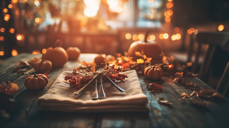 Sitting on an old wooden table, there is a napkin with cutlery tied together by the edges and some small pumpkins scattered around it. The background features warm lights that create a cozy atmosphere for autumn season. On top of rustic wood texture surface, empty space for text. --chaos 30 --ar 16:9 --v 6.1 Job ID: 2273946c-e74f-485c-bb8a-3f137243c6d9の素材