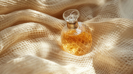 Product photography: a perfume bottle with a golden liquid inside, lying on a beige fabric, in close-up. The glass cap, the delicate texture of the cloth, and the soft light and shadow effect create a high-resolution, professionally color-graded image with a shallow depth of field and high level of detail. --ar 128:71 --v 6.1 Job ID: 3062f13c-f04b-4afb-a4e9-c669ed18364eの素材