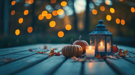 The rustic wooden table is adorned with pumpkins, leaves, and candles on the sides of an old lantern, creating a warm autumn atmosphere for text or product display. The background features blurred lights in orange tones, adding to the festive feel of the fall season. This is an ultra-realistic photograph captured with a high-resolution 20-megapixel Sony Alpha A7 IV camera and an 85mm f/1.8 Batis lens, in the style of a raw image. --chaos 30 --ar 16:9 --v 6.1 Job ID: db3a3ead-c1eb-4420-a6f9-6ac096f20861の素材